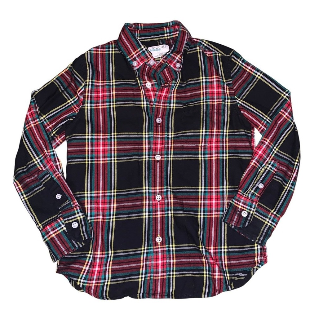 Crewcuts J. Crew Button Down Boys Size 4-5 Black Red‎ Plaid Tartan Preppy